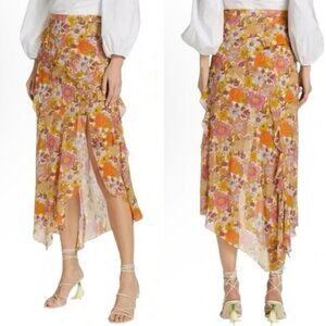 Veronica Beard Eleonora 100% Silk Sheer Chiffon Slit Ruffle Floral Midi Skirt